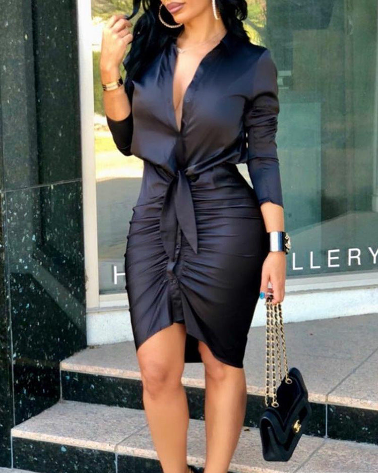 Lace-Up Shirt Midi Dress – Elegant Long Sleeve
