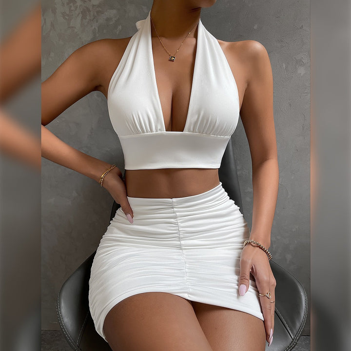 2pcs Halter Top & Pleated Skirt Dress Set for Women