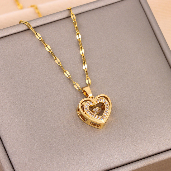 Double-Layer Heart Necklace – Titanium Steel & Crystal